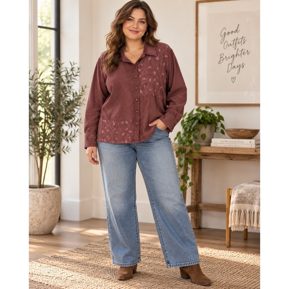J. Jill Corduroy Shirt Embroidered Leaf Boho Burgundy Mauve Women's XL Vintage